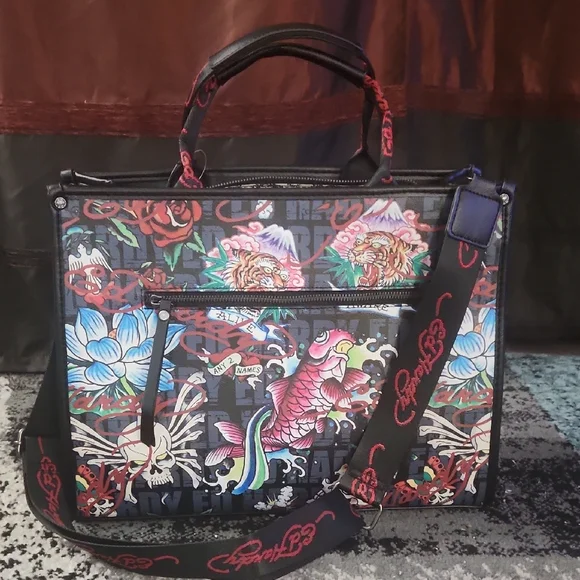 Ed Hardy Multicolor Straw-Front Tote with Skull Heart Graphic - Picture 6 of 7